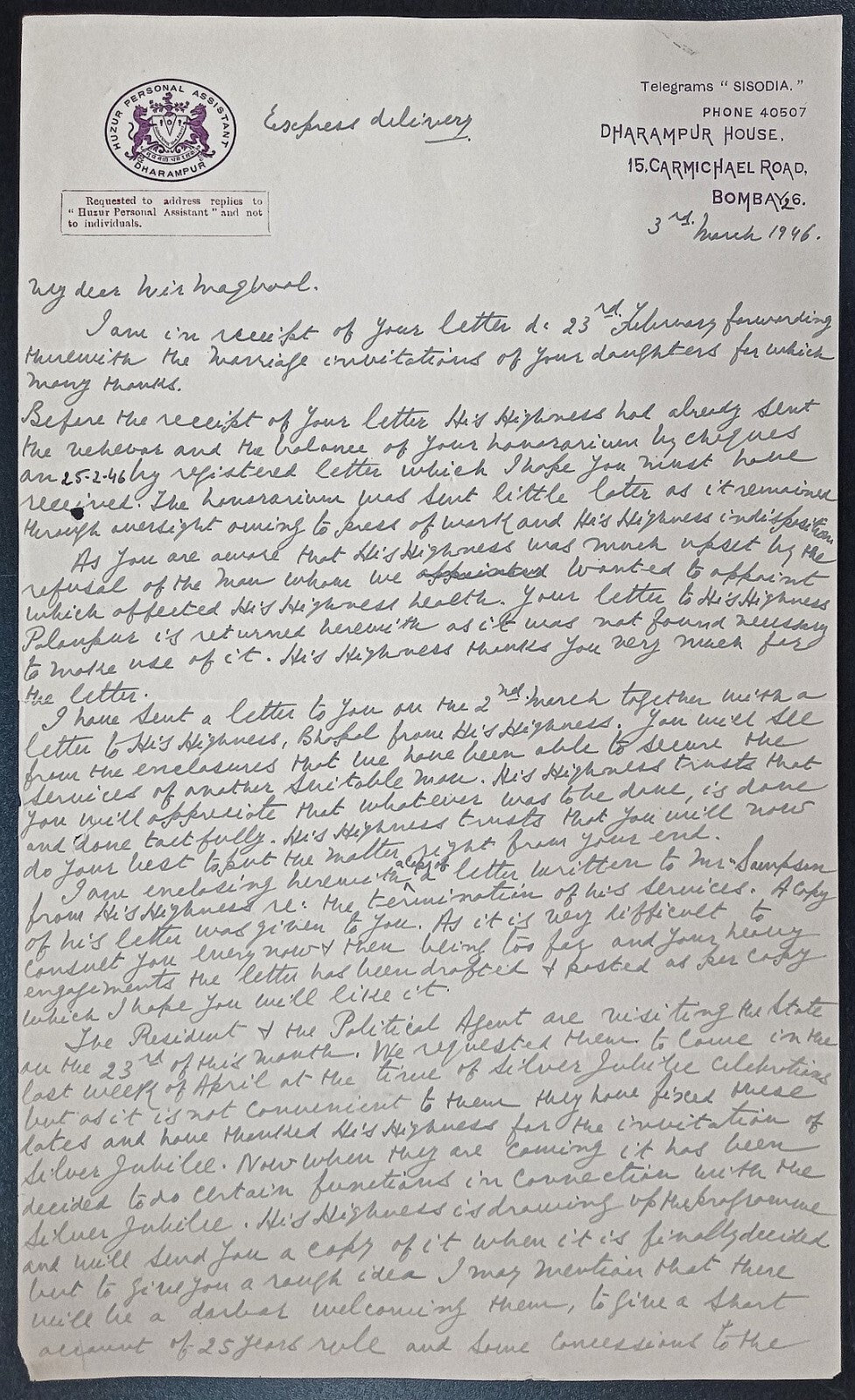 India 1946 crested letter HUZUR PERSONAL ASSISTANT DHARAMPUR handwritten