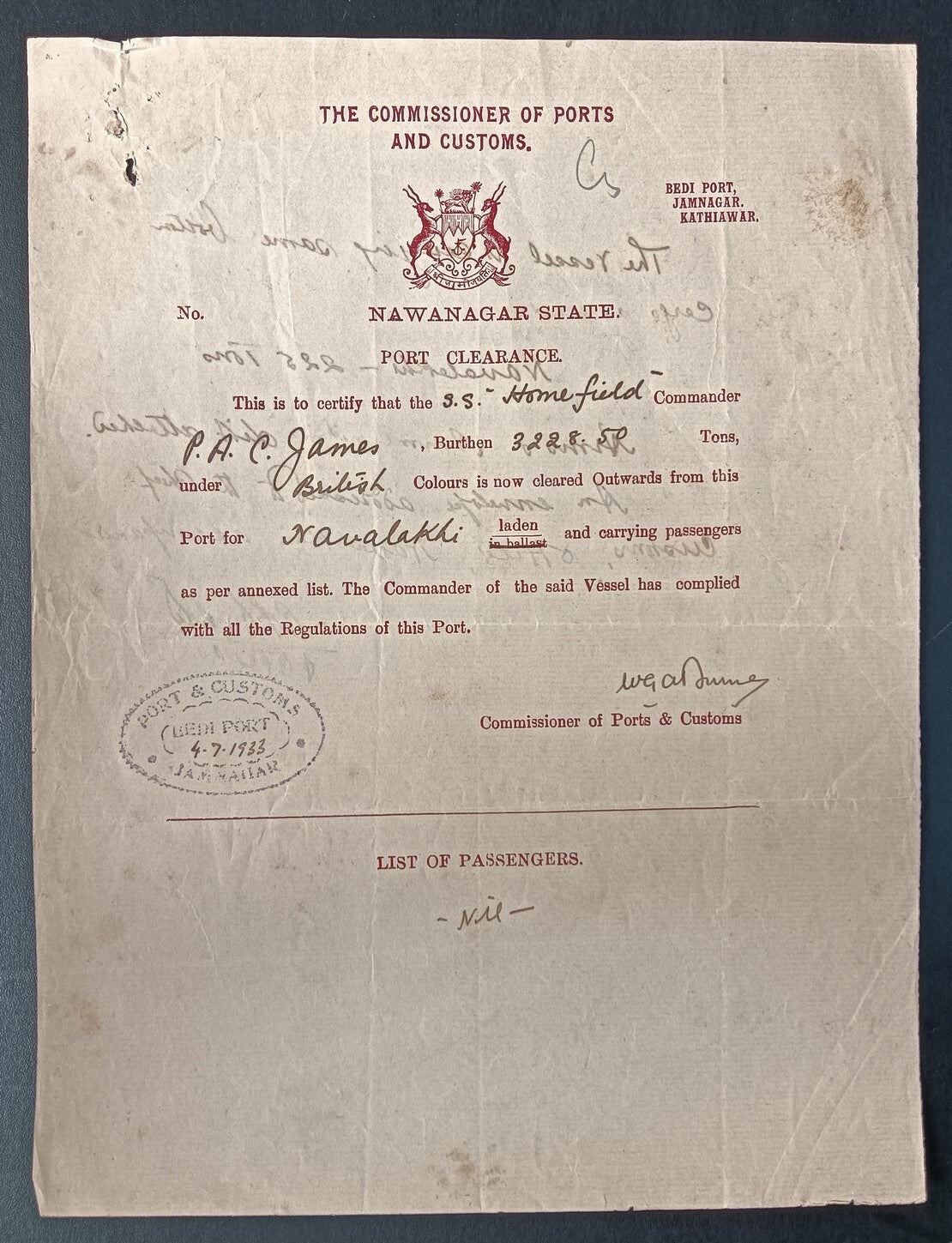 India Navlakhi Port, Morvi 1933 outgoing ship Port Clearance S.S. HOMEFIELD
