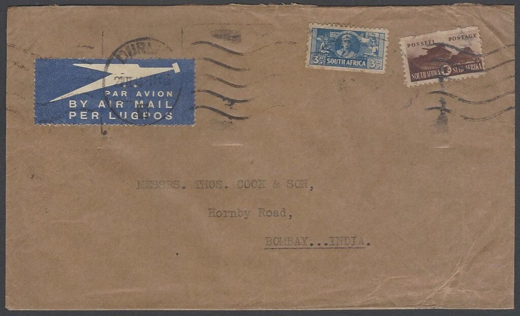 AOP South Africa 1943 bantams 3d & 1sh single on cover Durban to India