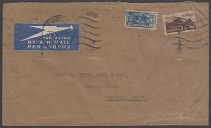 AOP South Africa 1943 bantams 3d & 1sh single on cover Durban to India