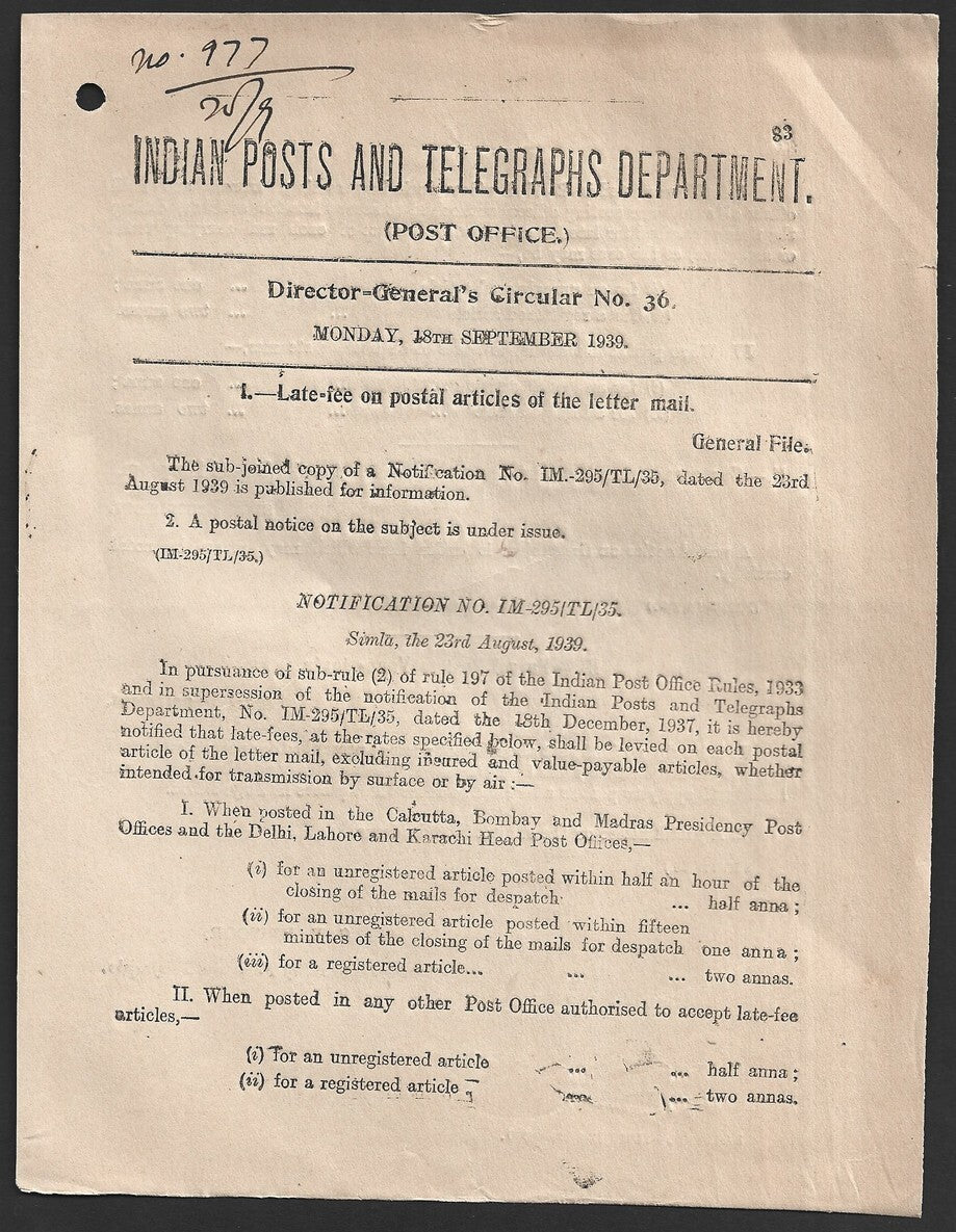 India 1939 POSTAL NOTICE Late Fee on postal articles of the letter mail