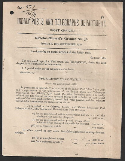 India 1939 POSTAL NOTICE Late Fee on postal articles of the letter mail