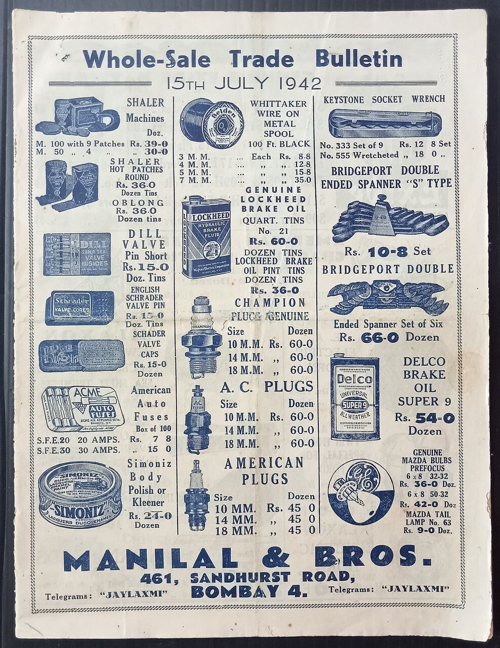 AOPIMT India 1942 Car part Catalogue, Lockheed, Delco, Bombay