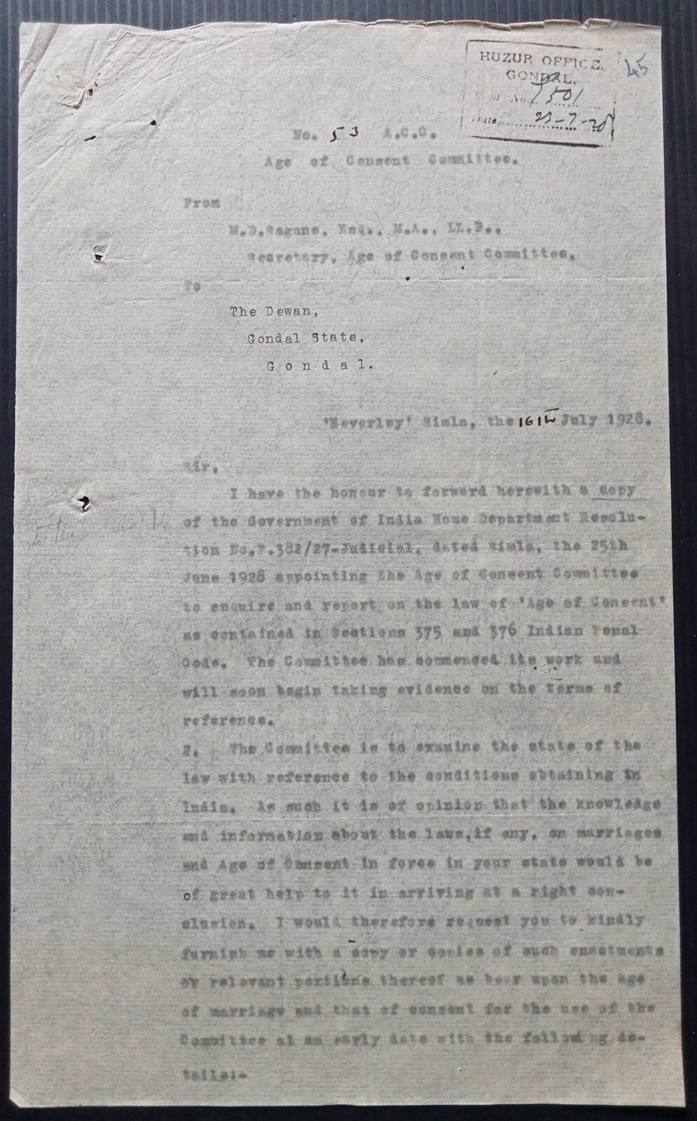 India 1928 official Correspondence re: raising the age of sexual consent to 14