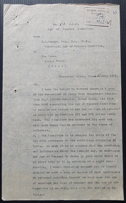 India 1928 official Correspondence re: raising the age of sexual consent to 14