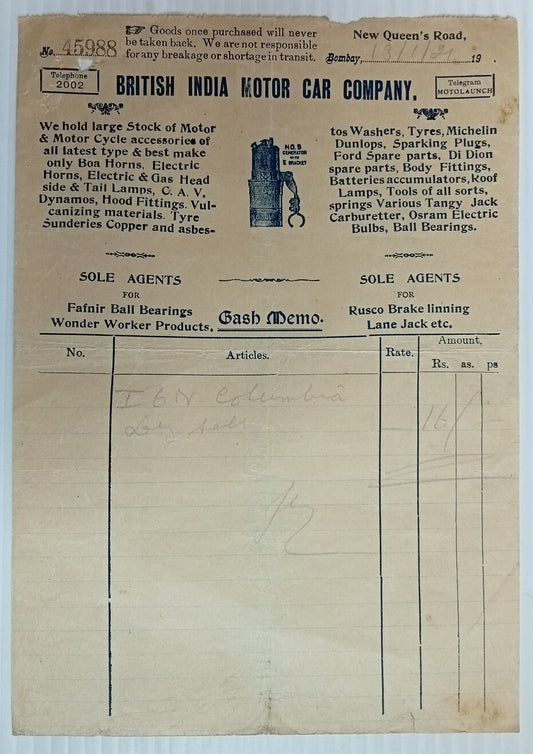 AOP India 1929 illustrated billhead BRITISH INDIA MOTOR CAR COMPANY Bombay