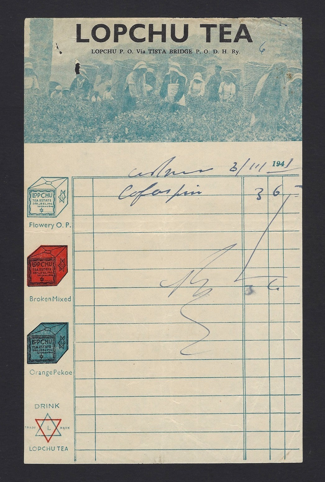 India 1941 Lopchu Tea pictorial Billhead