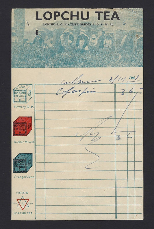 India 1941 Lopchu Tea pictorial Billhead