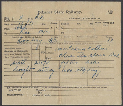 India BIKANER STATE RAILWAY Telegram