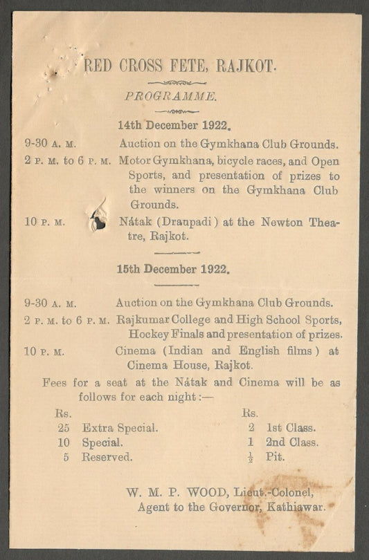 AOP India 1922 Red Cross Fete & Sports, Rajkot programme 