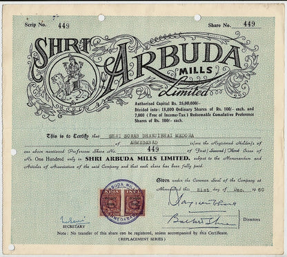 India Arbuda Mills Ltd 1960 share certificate