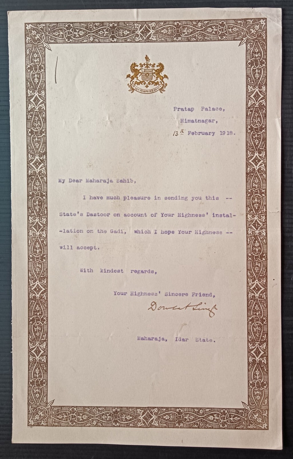 India fancy bordered letter signed Maharaja Doulat Singh of Idar State