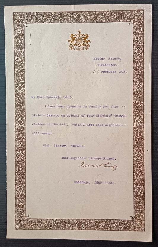 India fancy bordered letter signed Maharaja Doulat Singh of Idar State