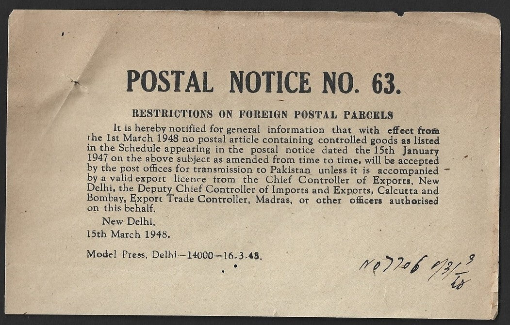 India POSTAL NOTICE 15 Mar 1948 Restrictions on Foreign Postal Parcels