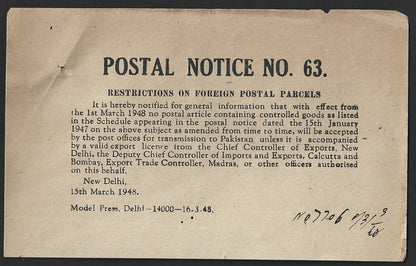 India POSTAL NOTICE 15 Mar 1948 Restrictions on Foreign Postal Parcels