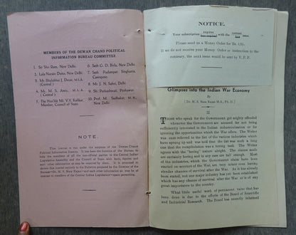 Dewan Chand Political Information Bureau monthly July 1941 INDIAN WAR ECONOMY