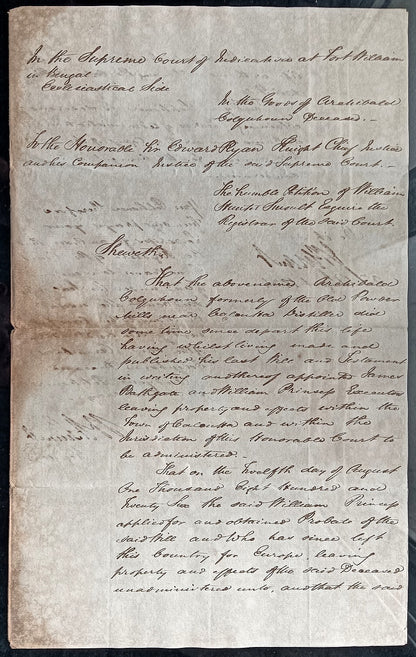 India King William IV 1834 Fort William, Calcutta 2 page document