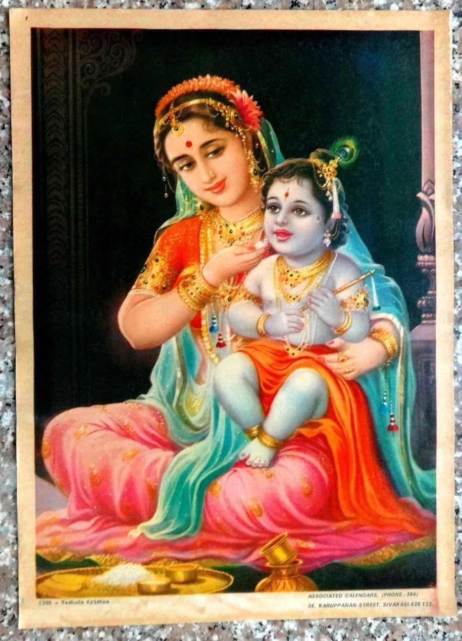 India vintage 10” x 14” Hindu poster Yashoda & Krishna