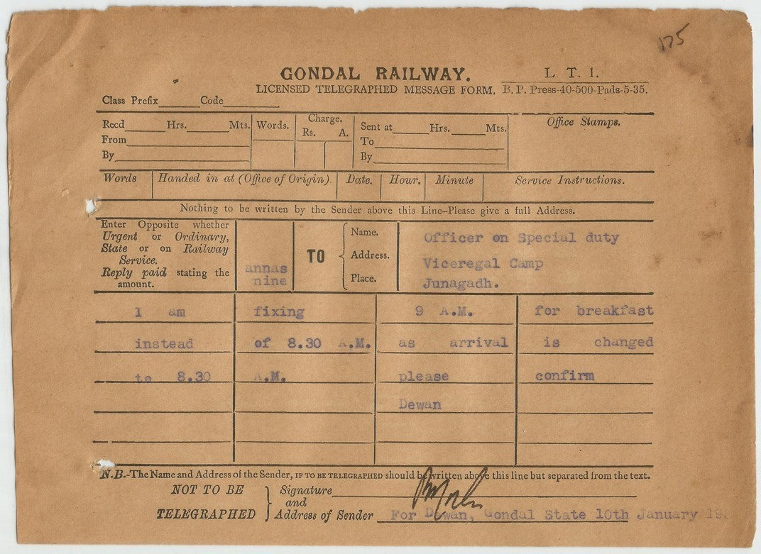 India 1936 Viceroy’s Camp Junagadh OSD telegram etc