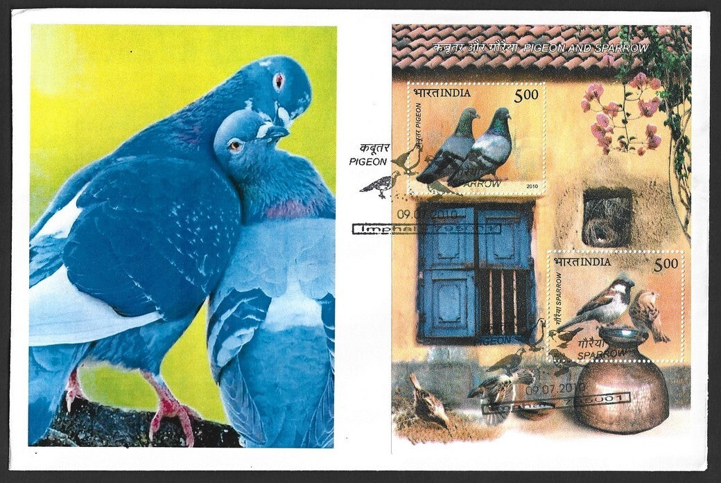 India 2010 Birds Pigeon & Sparrow MS on FDC First Day cover