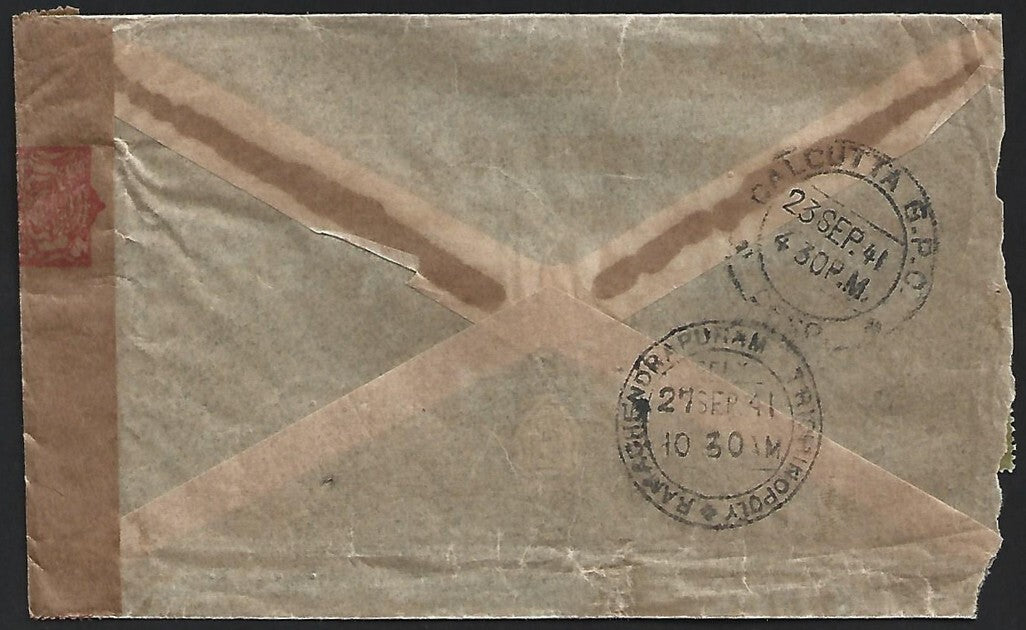 (AOP) Straits Settlements WW2 KGVI 1941 censored cover to India wi PEON MARK