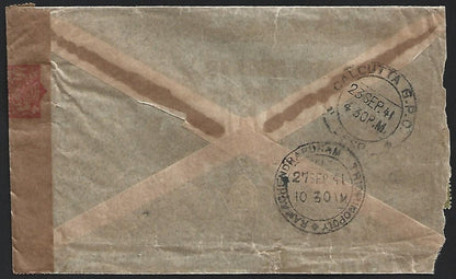 (AOP) Straits Settlements WW2 KGVI 1941 censored cover to India wi PEON MARK