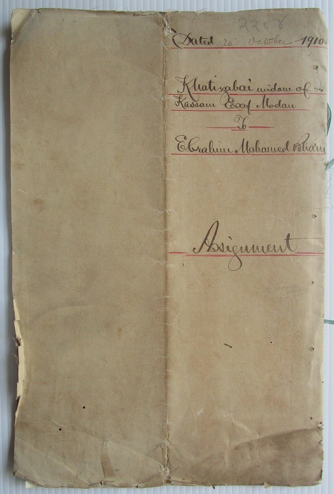 India 1910 Assignment document with Special Adhesive KEdVII 20R, 50R