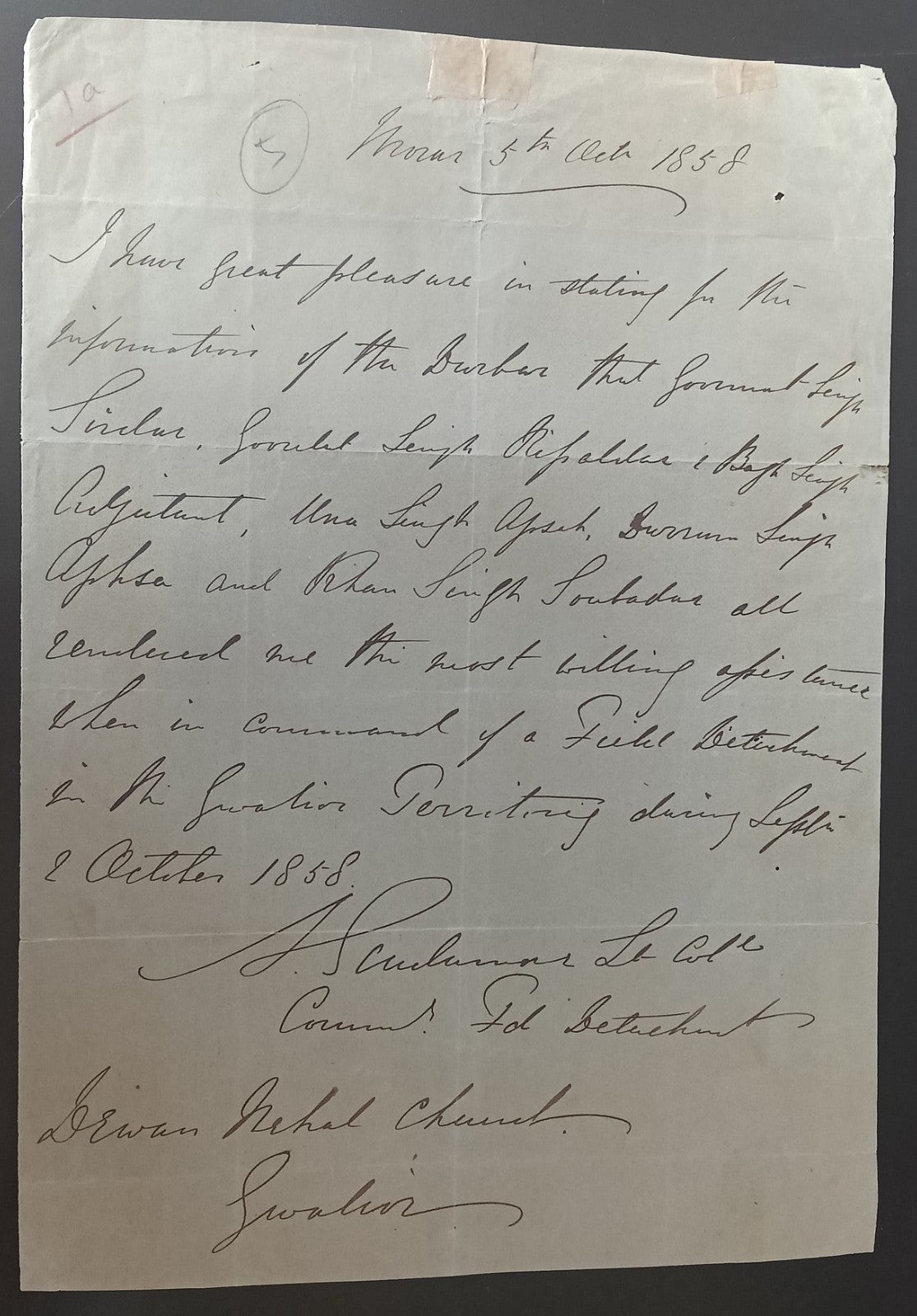 India GWALIOR 1858 Miltary letter from the Commander of the Field Detachment
