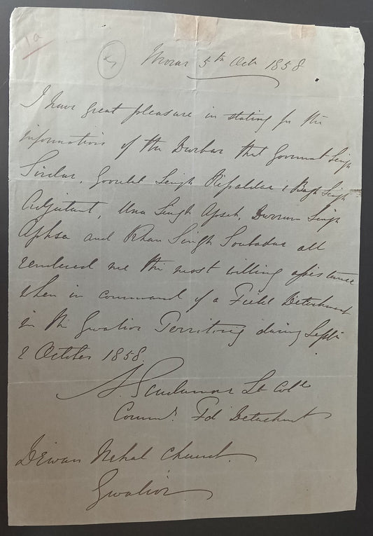 India GWALIOR 1858 Miltary letter from the Commander of the Field Detachment