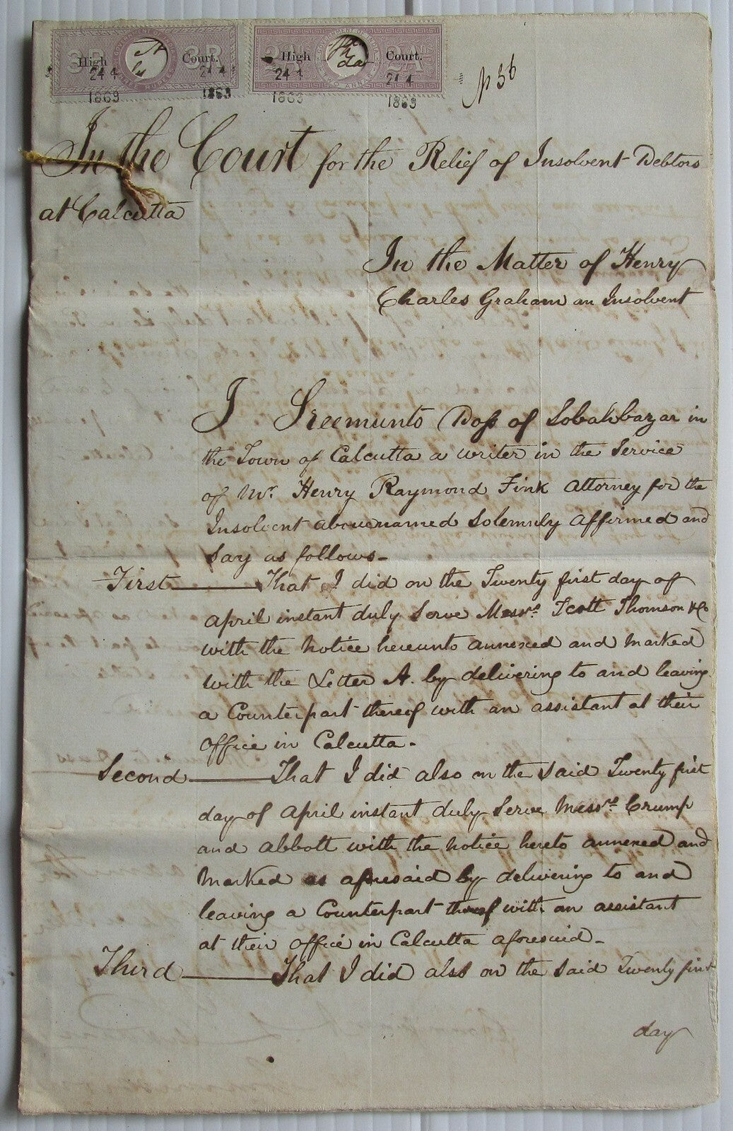 India QV 1869 HIGH COURT 2a & 3R lilac on 1869 document