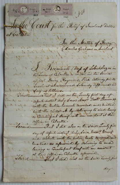 India QV 1869 HIGH COURT 2a & 3R lilac on 1869 document