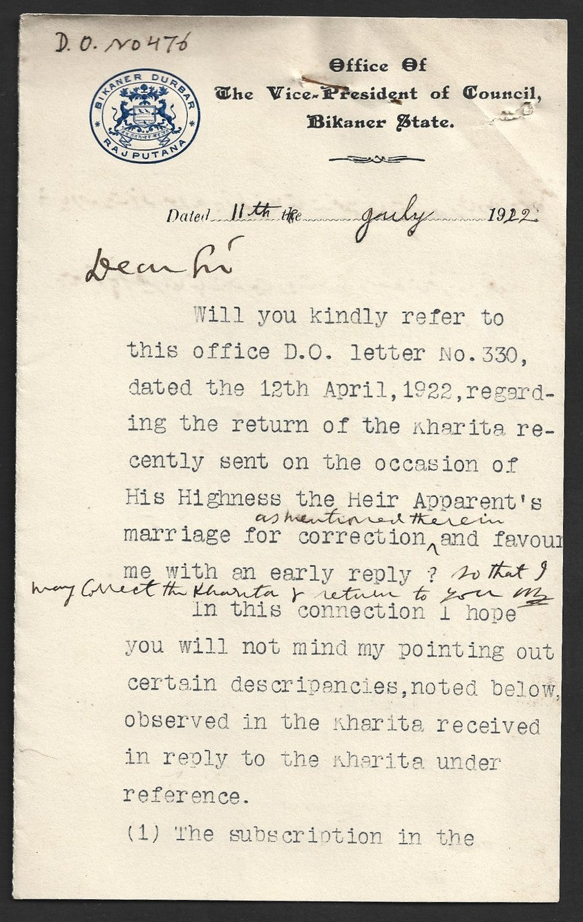 India 1929 letter Maharaja of Bikaner's objection to being addresssed as Raja