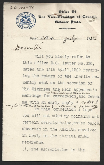 India 1929 letter Maharaja of Bikaner's objection to being addresssed as Raja