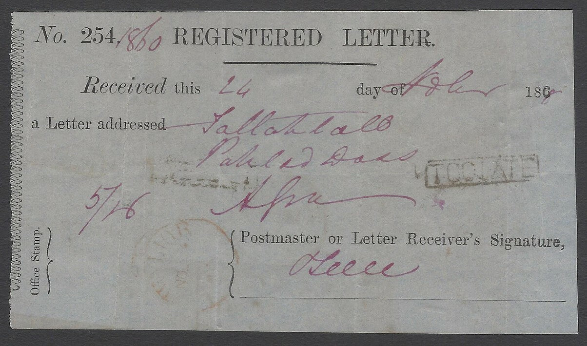AOPIMT India 1868 Registered Letter Receipt