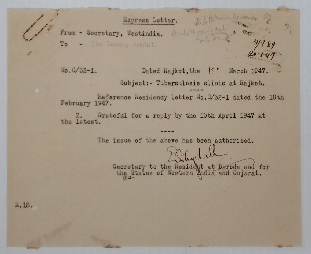 India 1942-47 Tuberculosis Fund correspondence - 12 pages