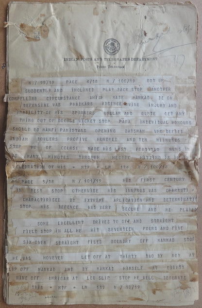 India 1955 CRICKET India Pakistan Test Match at Bahawalpur PRESS TELEGRAM 10 pgs