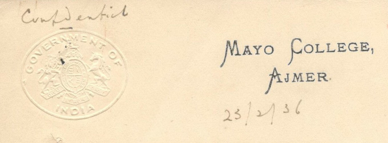AOP India 1936 letter with embossed GOI crest MAYO COLLEGE, AJMER 