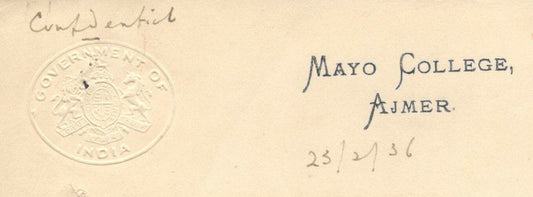 AOP India 1936 letter with embossed GOI crest MAYO COLLEGE, AJMER 