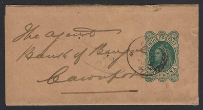 India QV 1/2a green wrapper used 1897 Mussorie to Cawnpore (datstamp error)
