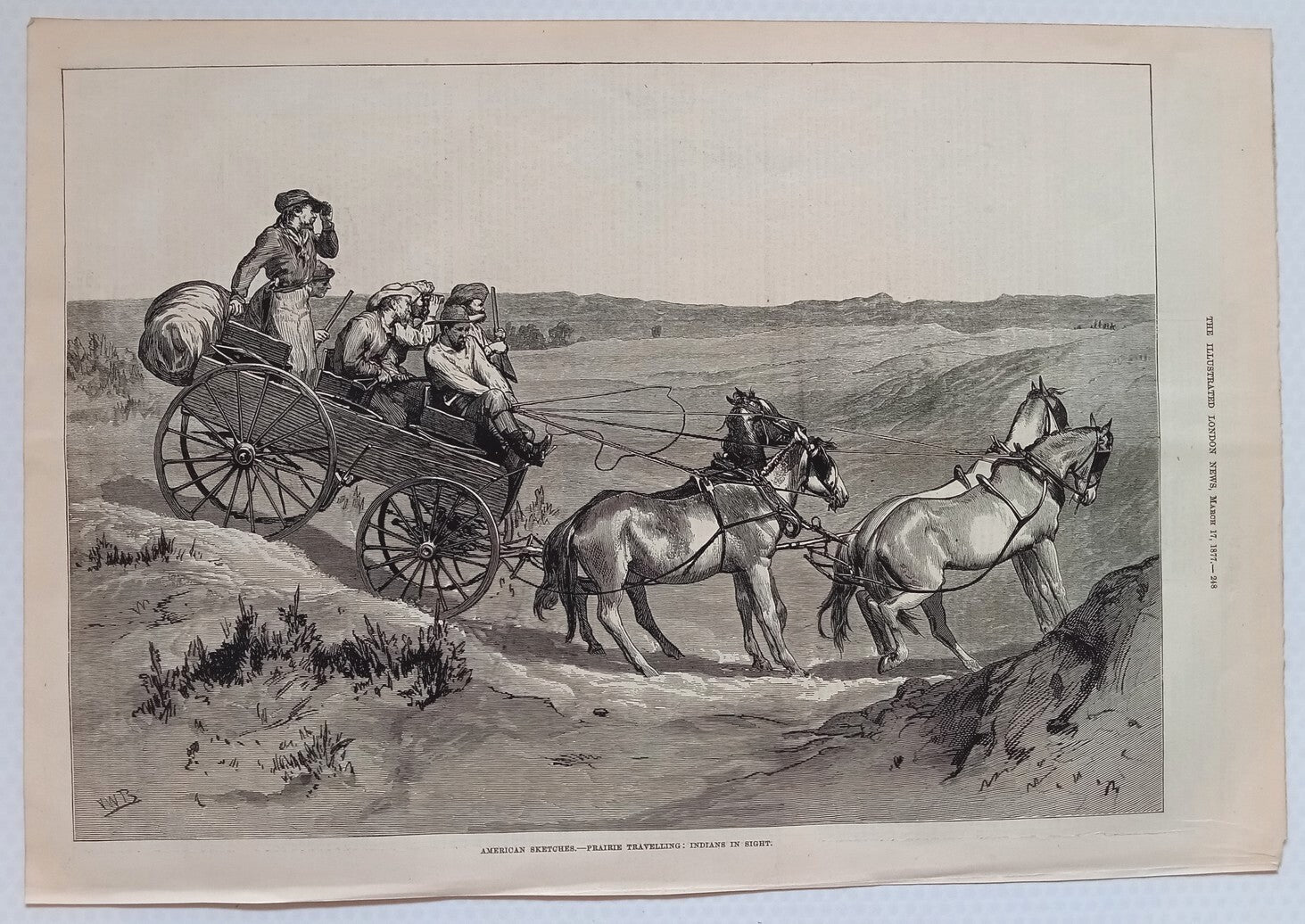 The Illustrated London News 1877 print PRARIE TRAVELLING : INDIANS IN SIGHT