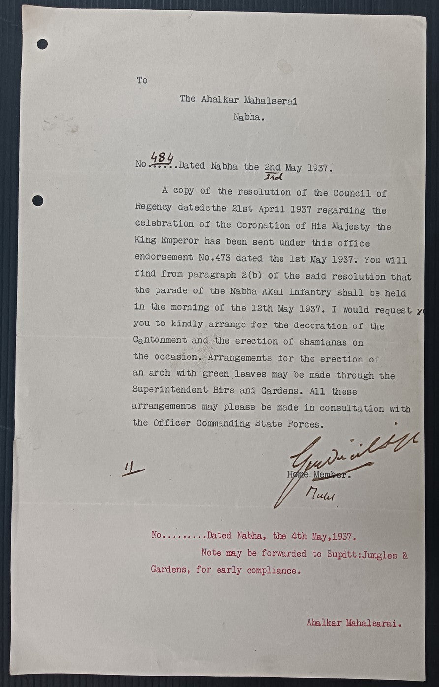 India 1937 Coronation of King Emperor George VI Nabha Infantry Parade letter