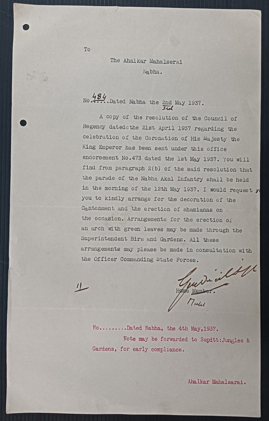 India 1937 Coronation of King Emperor George VI Nabha Infantry Parade letter