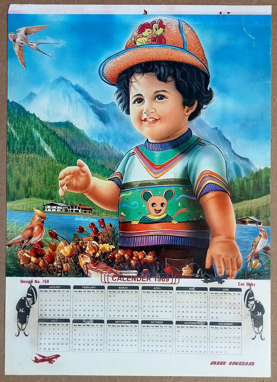 AIR INDIA 1969 poster calender 759 - CAT BABY - ARTIST : DEBASIS DAS - R