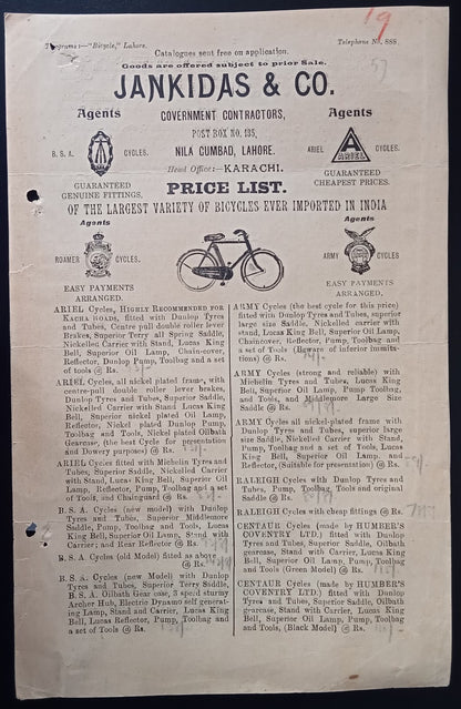 India 1940s JANKIDAS & CO., Karachi Bicycle & Ariel Motorcycles price list