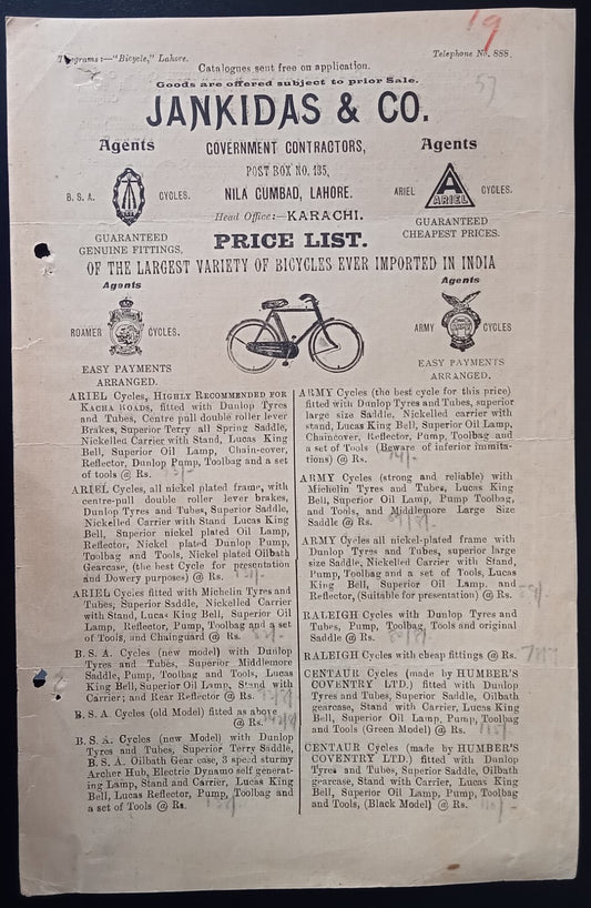 India 1940s JANKIDAS & CO., Karachi Bicycle & Ariel Motorcycles price list