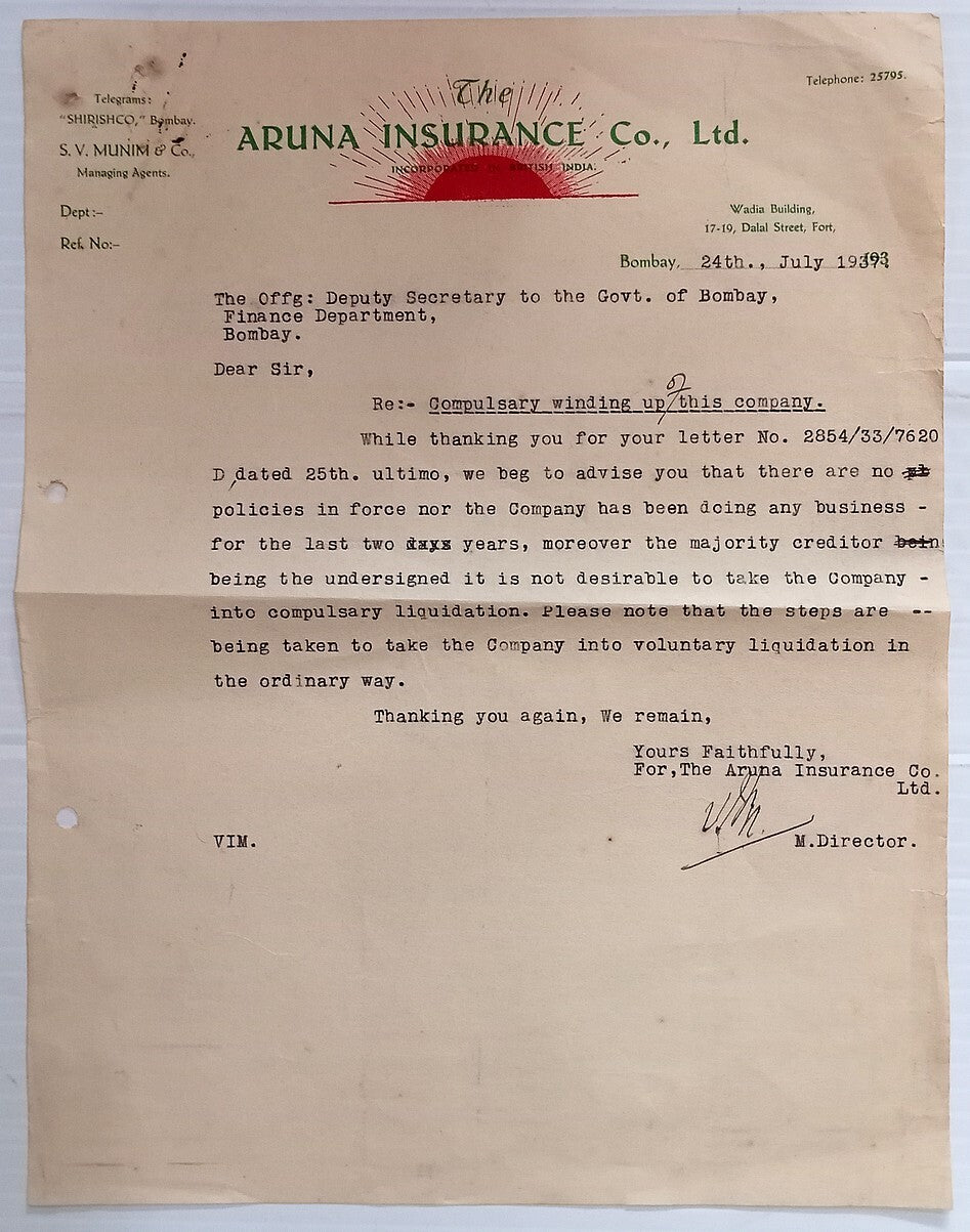 AOP India 1937 Aruna Insurance Co. letterhead with winding up letter 