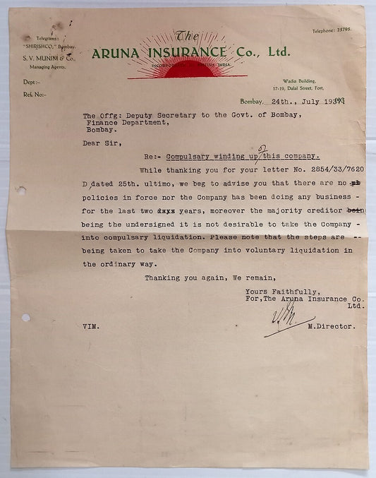 AOP India 1937 Aruna Insurance Co. letterhead with winding up letter 