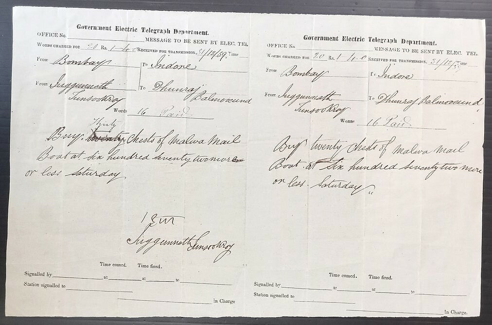 AOP 1859 India GOVERNMENT ELECTRIC TELEGRAPH joined pair Opium contents