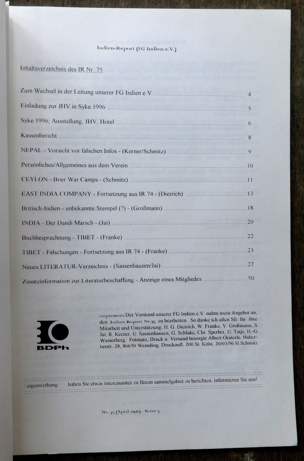 INDIEN REPORT ISC India Study Circle Germany Journal April 1996