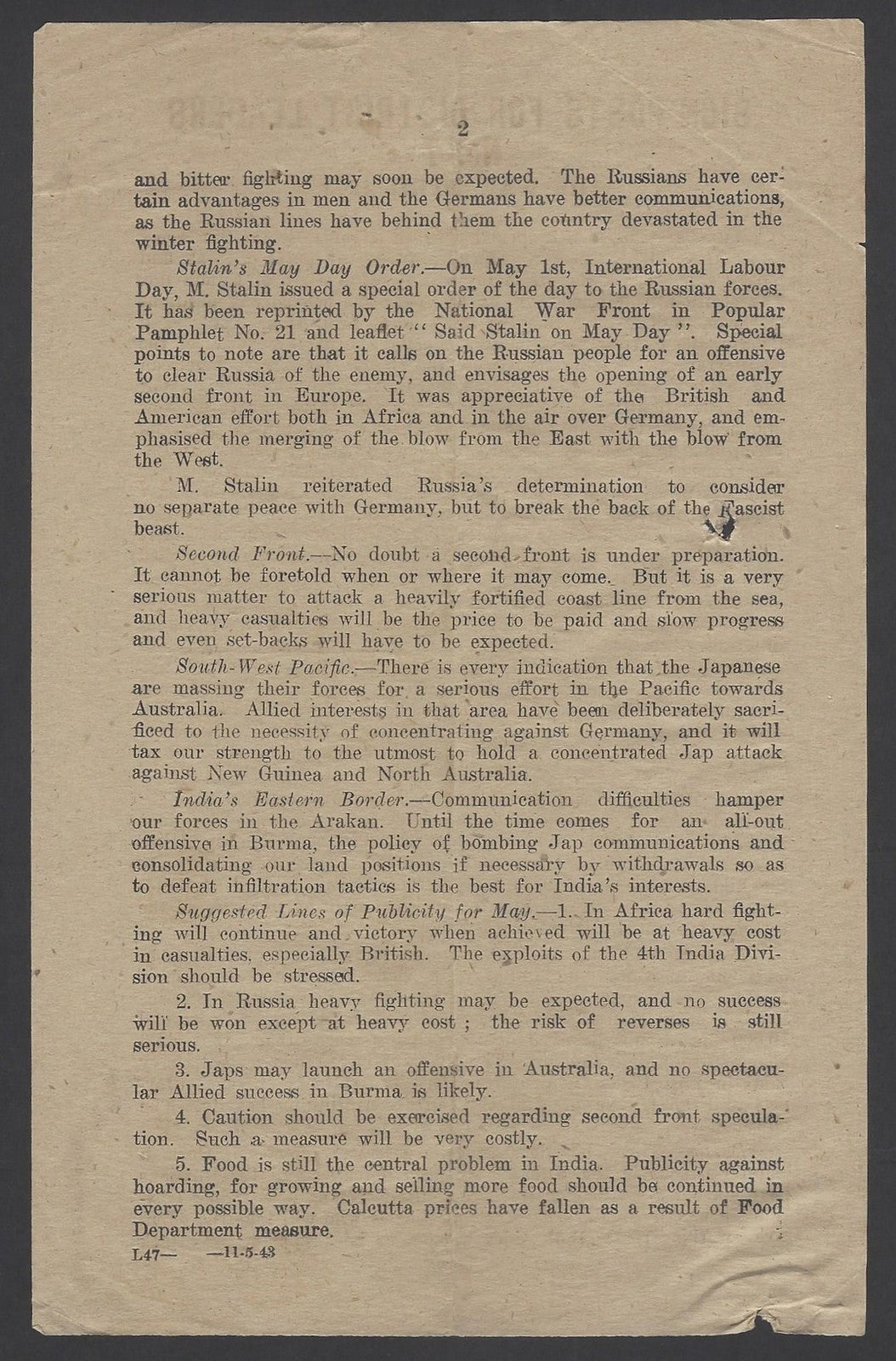 India 1943 WW2 National War Front Propaganda Leaflet Sign-Posts District Leaders